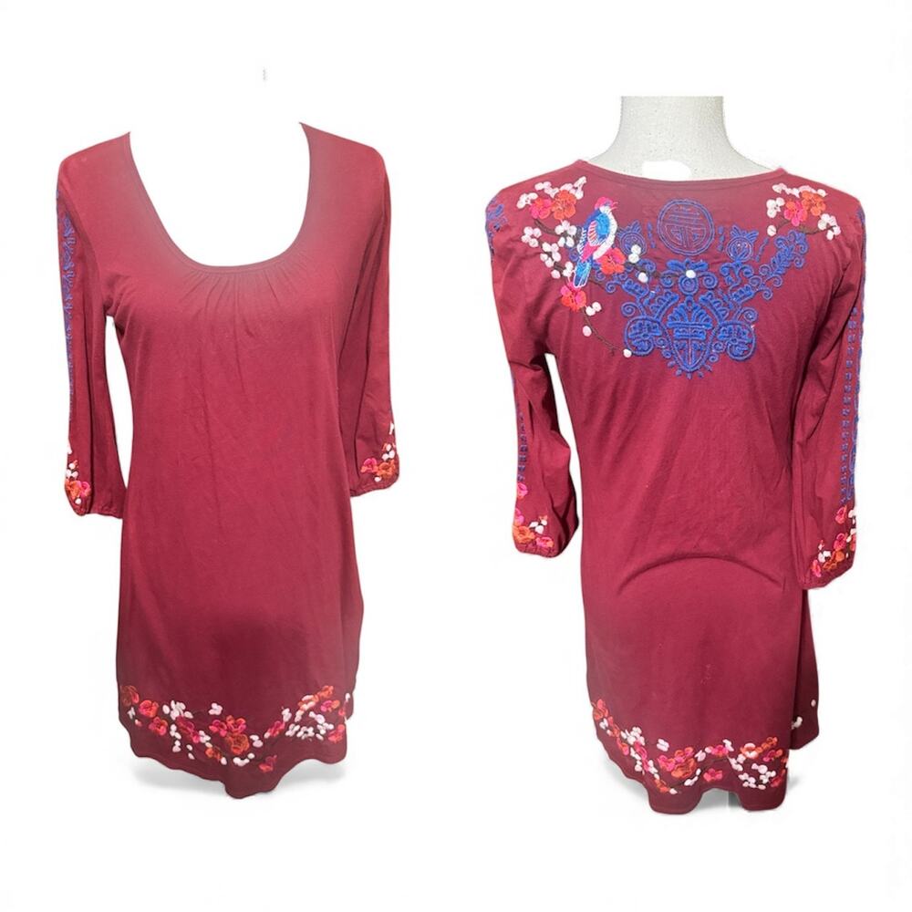 Johnny Was Embroidered Mini Dress Burgundy Floral Bird sz S 100% cotton‎ Boho